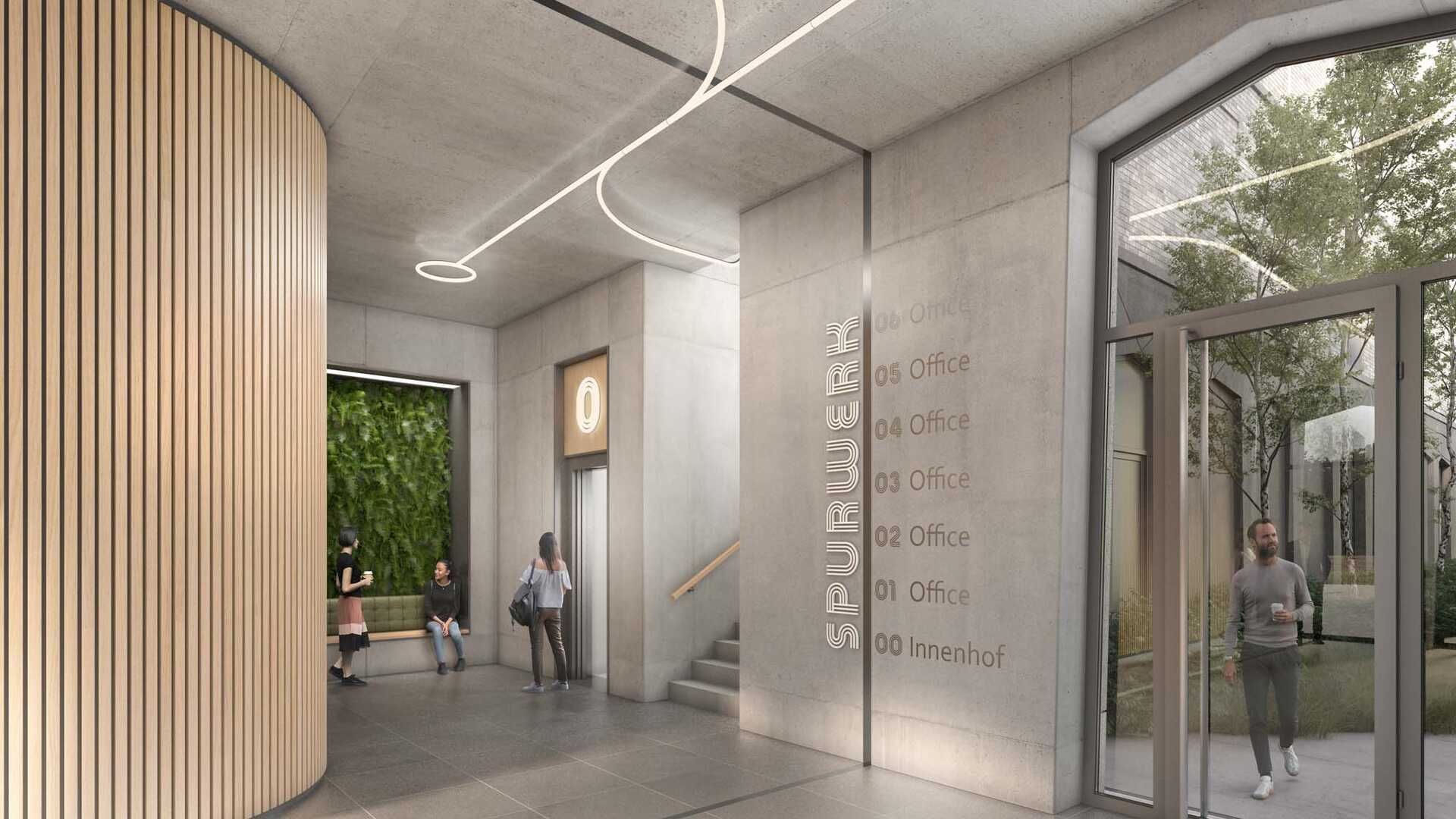 Animated representation of the interior of one of the office buildings. Shown is the entrance area of a multi-storey office building with staircase and lift as well as the labelling of the associated companies on the floors.