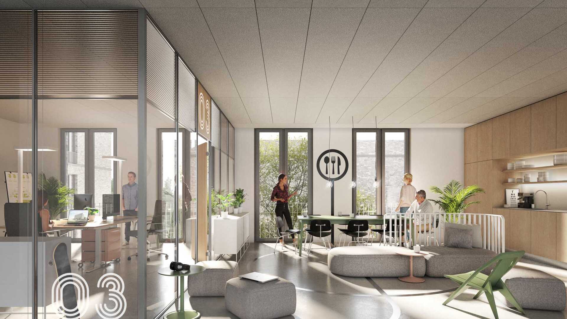 The illustration shows an animation of the interior of an office. It shows an office for several people separated by glass and a communal kitchen with large windows.